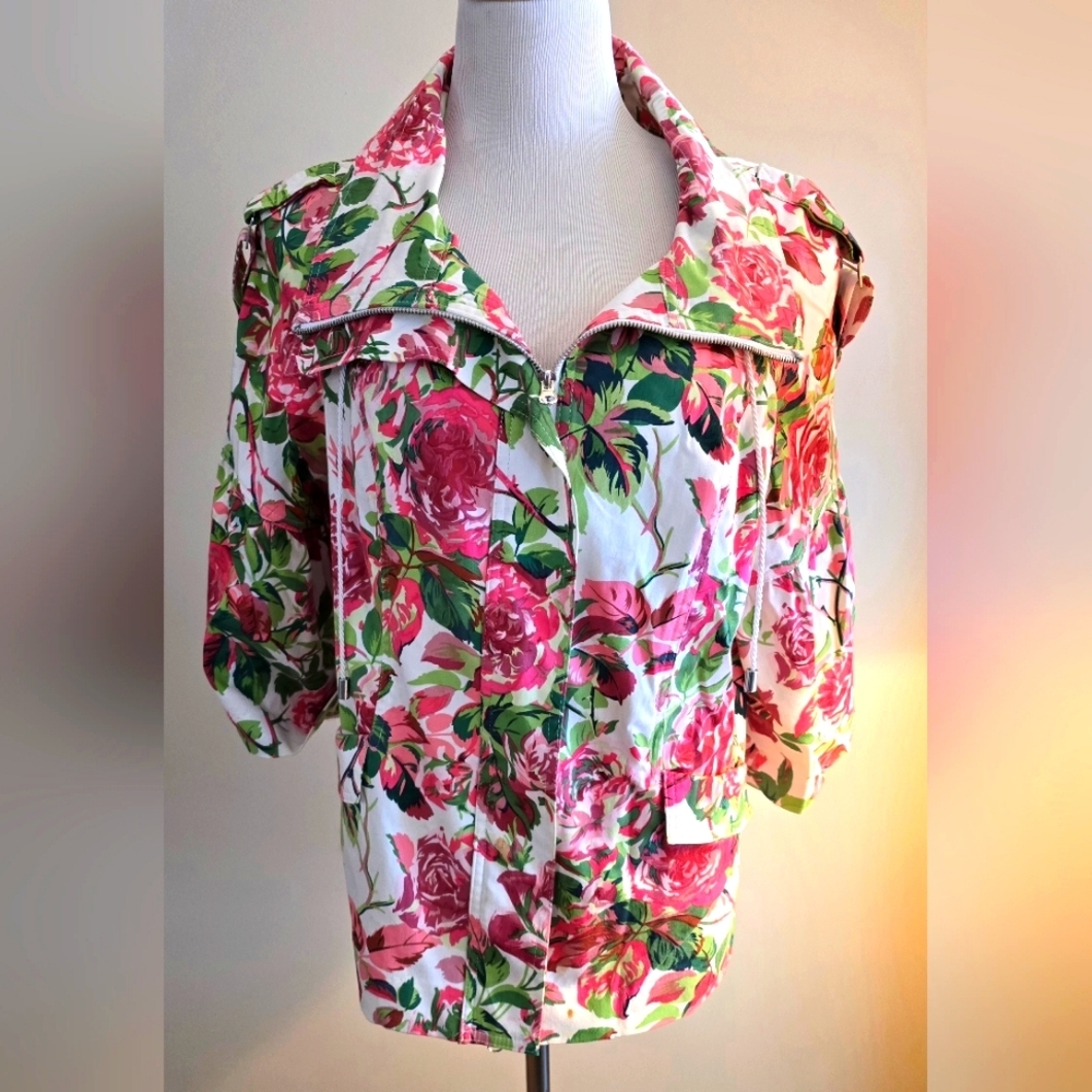 NWOT JUST B Floral Stretch Cotton Jacket Sz XL Zip Up Lightweight 3/4 Sleeves
